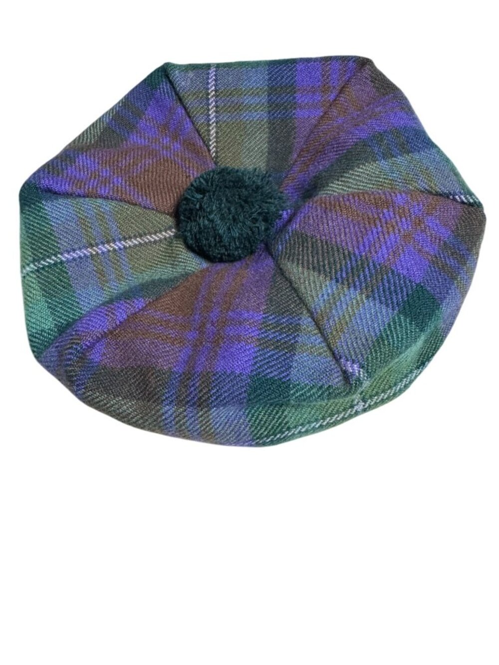 Lochcarron Of Scotland Plaid 100% Wool Beret Hat Pom Green Purple Scotland Fall